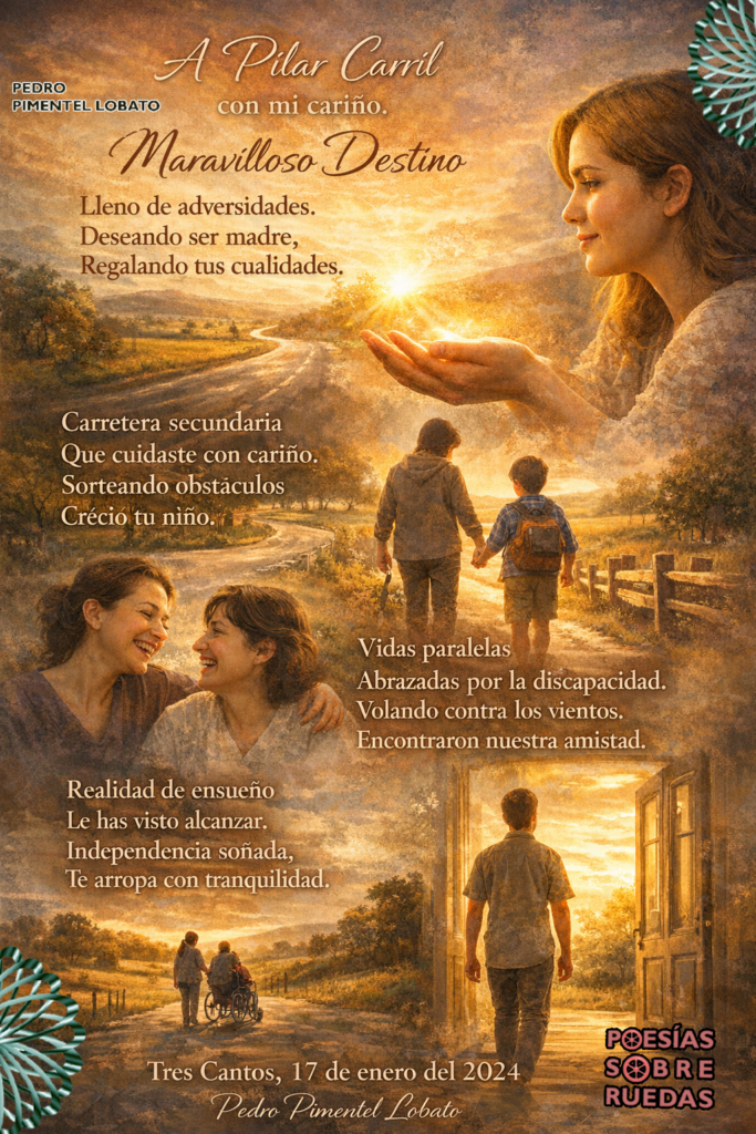 A Pilar Carril
con mi cariño.

Maravilloso Destino 

Destino Maravilloso 
Lleno de adversidades.
Deseando ser madre,
Regalando tus cualidades.

Carretera secundaria 
Que cuidaste con cariño.
Sorteando obstáculos
Creció tu niño.

Vidas paralelas
Abrazadas  por la discapacidad.
Volando contra los vientos.
Encontraron  nuestra amistad.

Realidad de ensueño 
Le has visto alcanzar.
Independencia soñada,
Te arropa con tranquilidad.

 Tres Cantos, 17 de enero del 2024
 Pedro Pimentel Lobato
