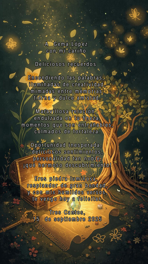 A  Gema López
con mi cariño

Deliciosos recuerdos 

Encendiendo las palabras,
 iluminadas de creatividad,
 mimadas entre memorias,
 tierna y dulce amistad.
Maravillosa relación,
 endulzada en tu fineza,
 momentos que son entrañables,
 colmados de fortaleza.
Oportunidad inesperada,
 deliciosos sentimientos,
 personalidad tan noble,
 ¡qué hermoso descubrimiento!
Eres piedra luminosa,
 resplandor de gran bondad,
 y con mis humildes versos,
 te vengo hoy a felicitar.

 Tres Cantos, 15  de septiembre 2025

