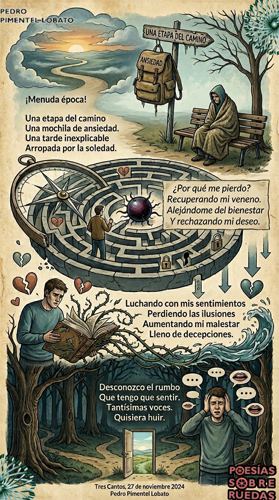 ¡Menuda época!

Una etapa del camino 
Una mochila de ansiedad.
Una tarde inexplicable 
Arropada por la soledad.

¿Por qué me pierdo?
Recuperando mi veneno.
Alejándome del bienestar 
Y rechazando mi deseo.

Luchando con mis sentimientos 
Perdiendo las ilusiones 
Aumentando mi malestar 
Lleno de decepciones.

Desconozco el rumbo
Que tengo que sentir.
Tantísimas voces.
Quisiera huir.

 Tres Cantos, 27 de noviembre 2024
 Pedro Pimentel Lobato

