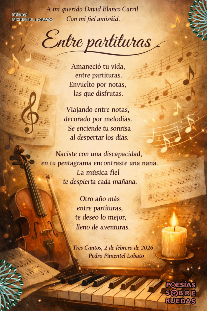 A mi querido David Blanco Carril
 Con mi fiel amistad.
Entre partituras
Amaneció tu vida,
 entre partituras.
 Envuelto por notas,
 las que disfrutas.
Viajando entre notas,
 decorado por melodías.
 Se enciende tu sonrisa
 al despertar los días.
Naciste con una discapacidad,
 en tu pentagrama encontraste una nana.
 La música fiel
 te despierta cada mañana.
Otro año más
 entre partituras,
 te deseo lo mejor,
 lleno de aventuras.
Tres Cantos, 2 de febrero de 2026
 Pedro Pimentel Lobato

