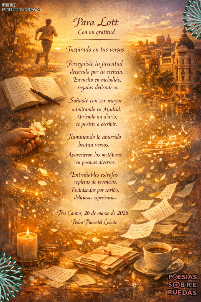 Para Lott
 Con mi gratitud
Inspirado en tus versos
Perseguiste tu juventud,
 decorada por tu esencia.
 Envuelto en melodías,
 regalas delicadeza.
Soñaste con ser mayor,
 admirando tu Madrid.
 Abriendo un diario,
 te pusiste a escribir.
Iluminando lo aburrido,
 brotan versos.
 Aparecieron las metáforas
 en poemas diversos.
Entrañables estrofas,
 repletas de vivencias.
 Endulzadas por cariño,
 deliciosas experiencias.
Tres Cantos, 26 de marzo de 2026
 Pedro Pimentel Lobato


