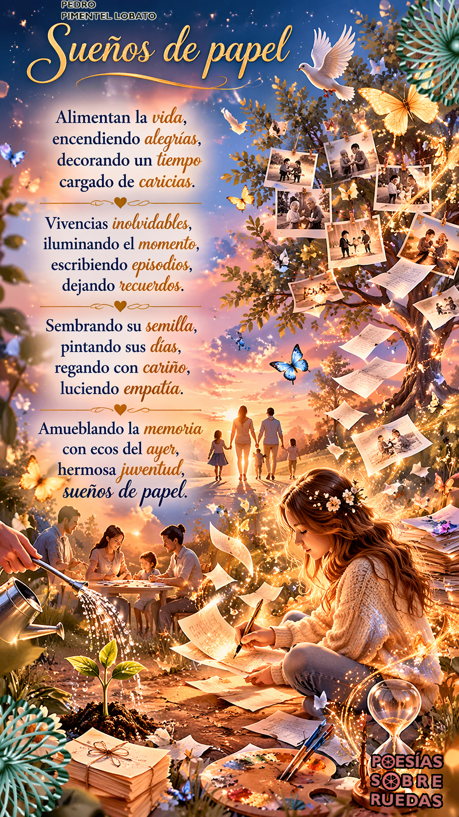 Sueños de papel
Alimentan la vida,
 encendiendo alegrías,
 decorando un tiempo
 cargado de caricias.
Vivencias inolvidables,
 iluminando el momento,
 escribiendo episodios,
 dejando recuerdos.
Sembrando su semilla,
 pintando sus días,
 regando con cariño,
 luciendo empatía.
Amueblando la memoria
 con ecos del ayer,
 hermosa juventud,
 sueños de papel.
Madrid, 18 de abril de 2026
 Pedro Pimentel Lobato


